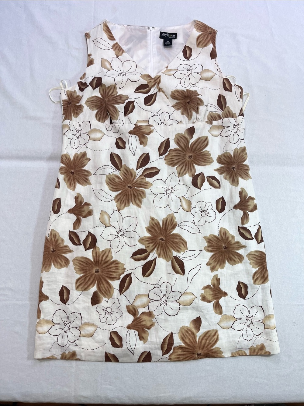 Style & Co. White Mini Dress with Brown Floral Print 100% Linen